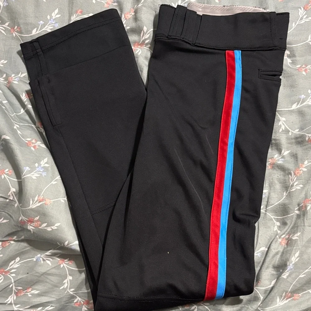 Kids Black Full length baseball pants with Red & Blue Side Stripes - Picture 1 of 4